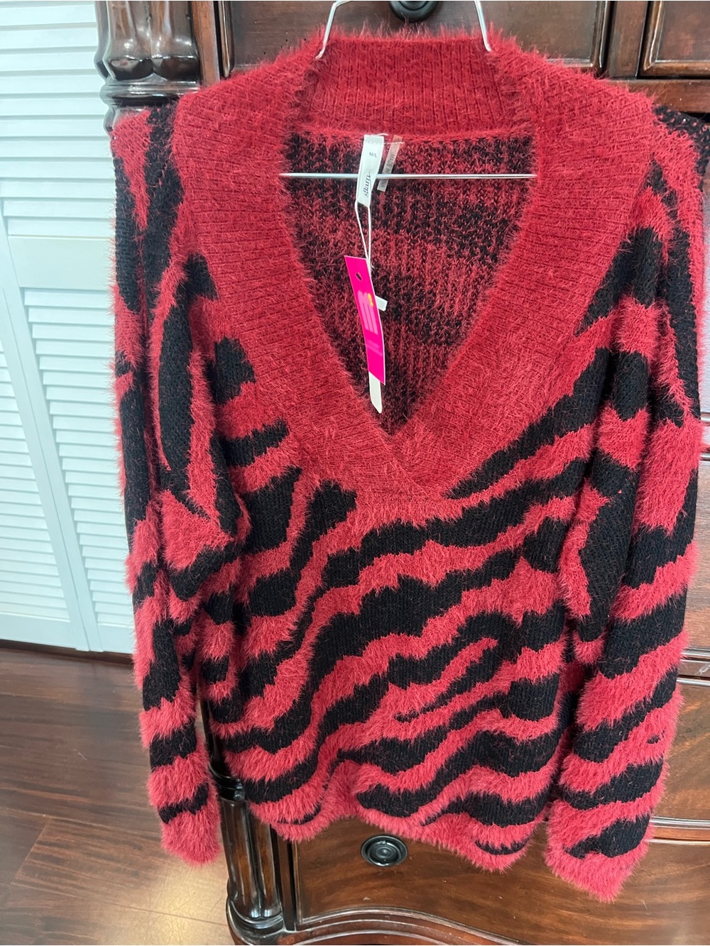 Fuzzy V-Neck Zebra-Stripe Sweater - Red & Black